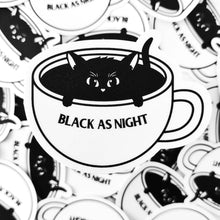 Laden Sie das Bild in den Galerie-Viewer, "Black as Night" Coffee Cat | 3-inch Waterproof Sticker - Scaredy Cat Studio