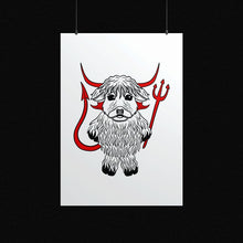 Laden Sie das Bild in den Galerie-Viewer, Highland Cow in a Devil Costume | Art Print - Scaredy Cat Studio