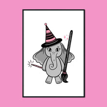 Laden Sie das Bild in den Galerie-Viewer, Elephant in a Witch Costume | A2 Poster - Scaredy Cat Studio