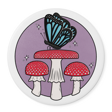 Load image into Gallery viewer, Blue Butterfly with Fly Agaric Mushrooms | Mushroom Pals | Round Beverage Coaster