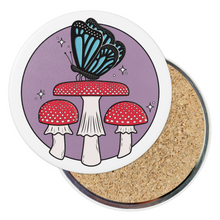 Load image into Gallery viewer, Blue Butterfly with Fly Agaric Mushrooms | Mushroom Pals | Round Beverage Coaster