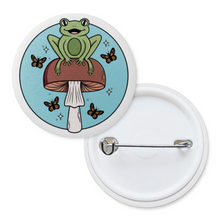 Load image into Gallery viewer, Cheerful Frog with Brown Mushrooms and Butterflies | Mushroom Pals | Pinback Badge Button