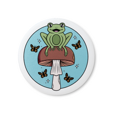 Load image into Gallery viewer, Cheerful Frog with Brown Mushrooms and Butterflies | Mushroom Pals | Pinback Badge Button