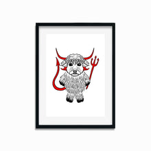 Load image into Gallery viewer, Highland Cow in a Devil Costume | Art Print - Scaredy Cat Studio
