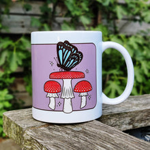 Load image into Gallery viewer, Blue Butterfly with Fly Agaric Mushrooms | Mushroom Pals | Ceramic Mug - Scaredy Cat Studio
