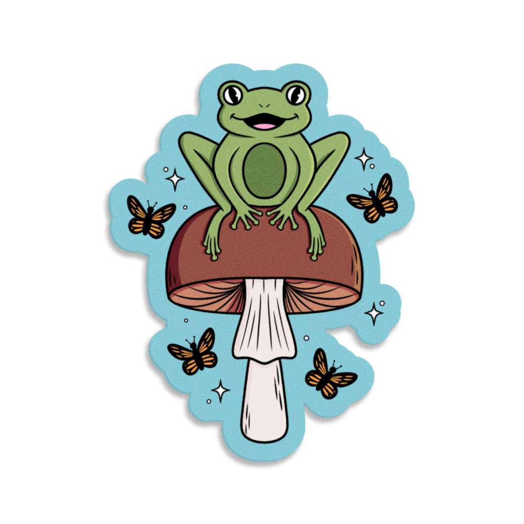 Cheerful Frog with Brown Mushrooms and Butterflies | Mushroom Pals | 3-inch Waterproof Sticker