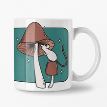 Load image into Gallery viewer, Curious White Mouse with Brown Mushrooms | Mushroom Pals | Ceramic Mug - Scaredy Cat Studio
