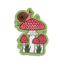 Load image into Gallery viewer, Snail with Fly Agaric Mushrooms | Mushroom Pals | 3-inch Waterproof Sticker
