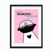 Load image into Gallery viewer, &quot;Heart Invader&quot; Valentine&#39;s Day Alien | Art Print - Scaredy Cat Studio
